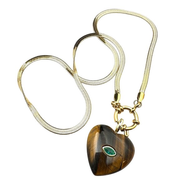 Tiger Eye Green Aperture Heart Evil Eye Pendant Necklace 18K Gold Plated 19 Inch - Picture 5 of 7